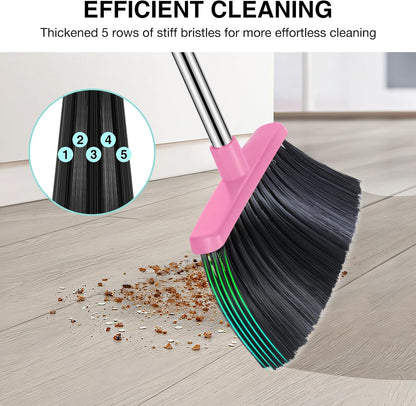 Broom and Dustpan Set with 52-in Long Adjustable Handle, Pink Blue