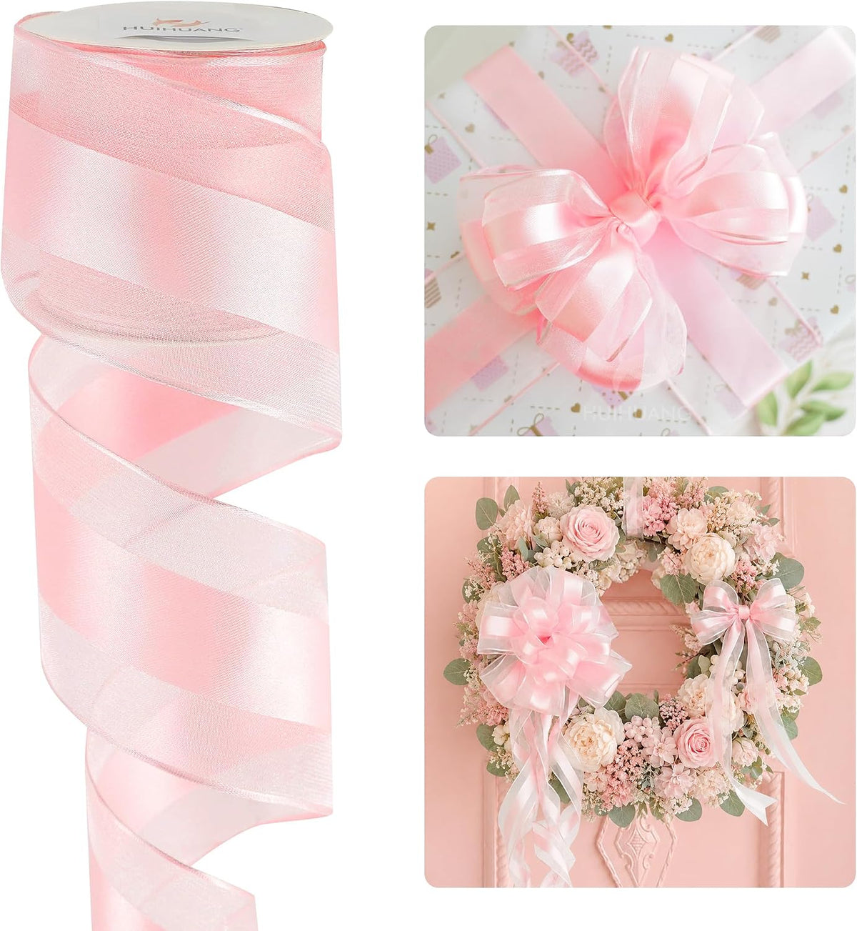 Pink Sheer Wired Christmas Ribbon 2.5 inch Continuous 10 Yards