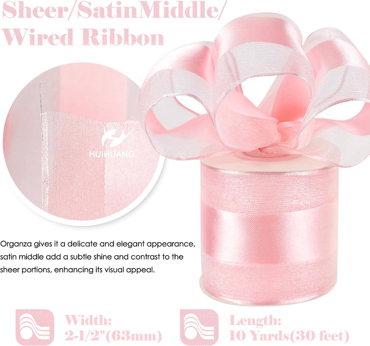 Pink Sheer Wired Christmas Ribbon 2.5 inch Continuous 10 Yards