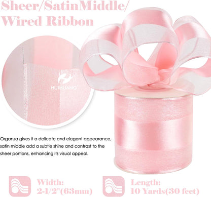 Pink Sheer Wired Christmas Ribbon 2.5 inch Continuous 10 Yards