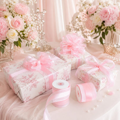 Pink Sheer Wired Christmas Ribbon 2.5 inch Continuous 10 Yards
