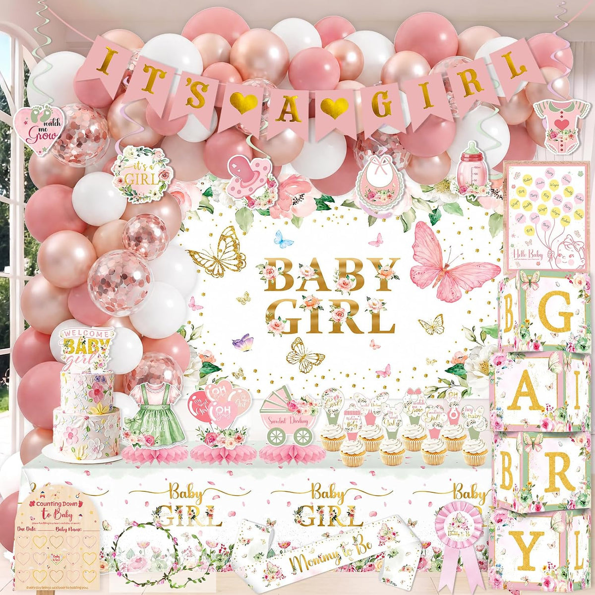 175Pcs Pink Rose Gold Baby Shower Decorations for Girl, Floral Baby Shower