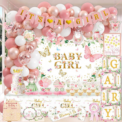 175Pcs Pink Rose Gold Baby Shower Decorations for Girl, Floral Baby Shower