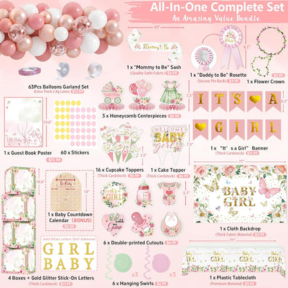 175Pcs Pink Rose Gold Baby Shower Decorations for Girl, Floral Baby Shower