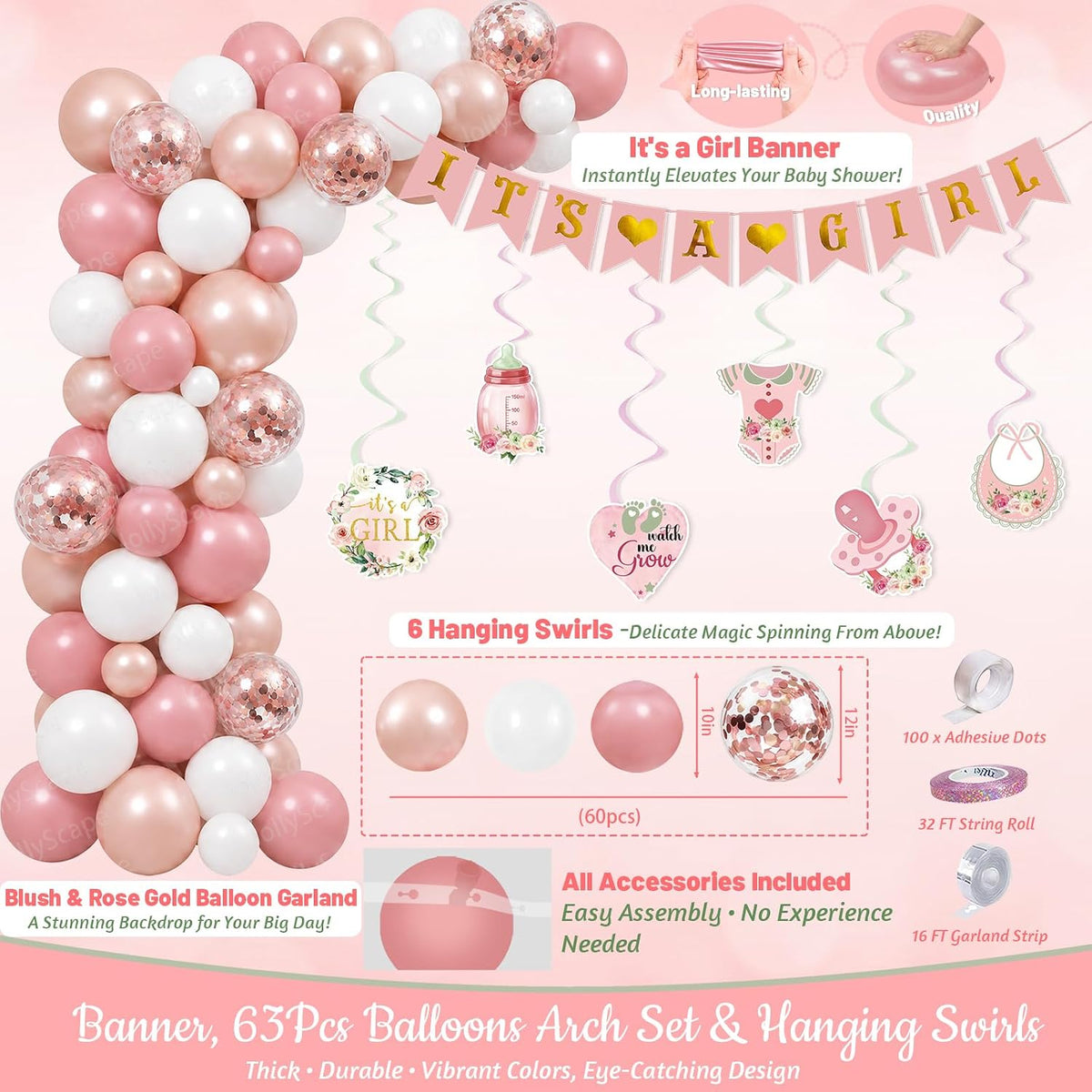 175Pcs Pink Rose Gold Baby Shower Decorations for Girl, Floral Baby Shower