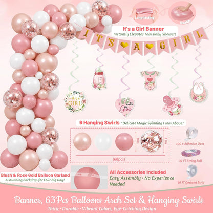 175Pcs Pink Rose Gold Baby Shower Decorations for Girl, Floral Baby Shower