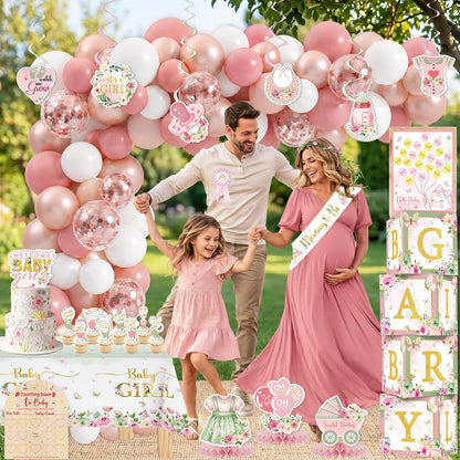 175Pcs Pink Rose Gold Baby Shower Decorations for Girl, Floral Baby Shower