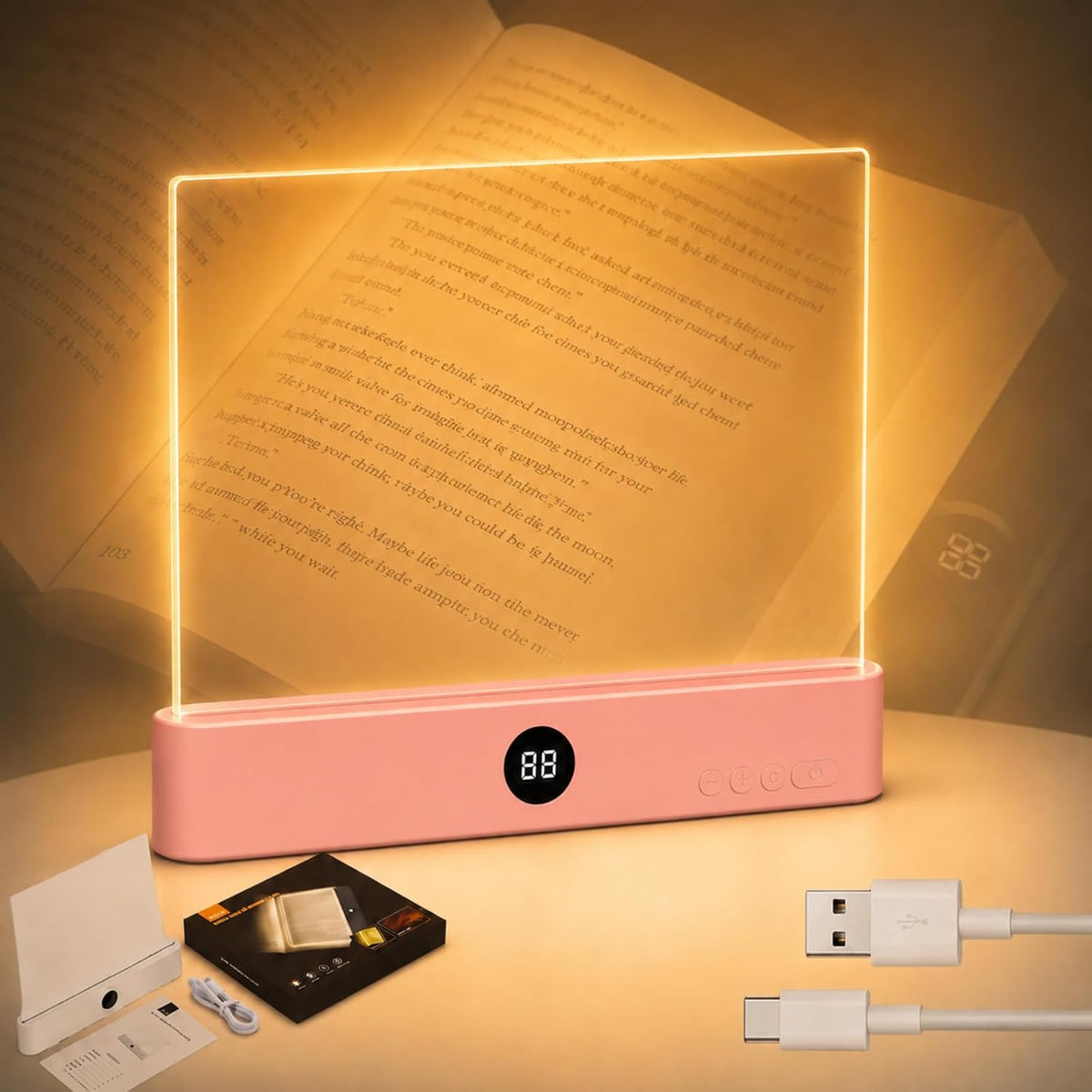 Full Page Book Light for Reading, Flat Rechargeable Light, Pink