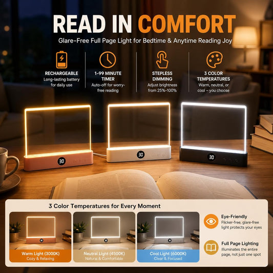 Full Page Book Light for Reading, Flat Rechargeable Light, Pink