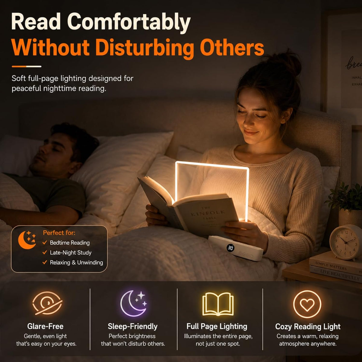 Full Page Book Light for Reading, Flat Rechargeable Light, Pink