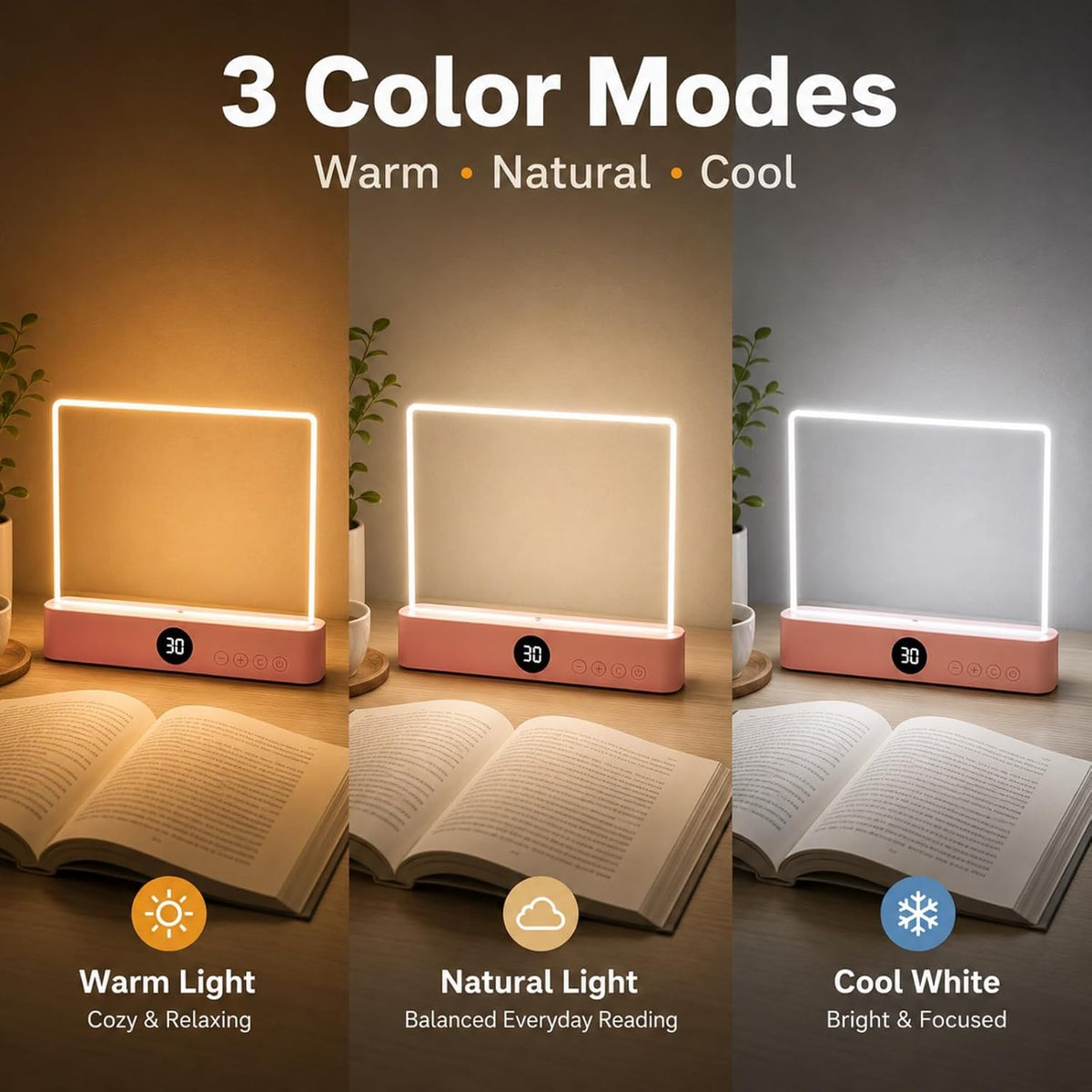 Full Page Book Light for Reading, Flat Rechargeable Light, Pink