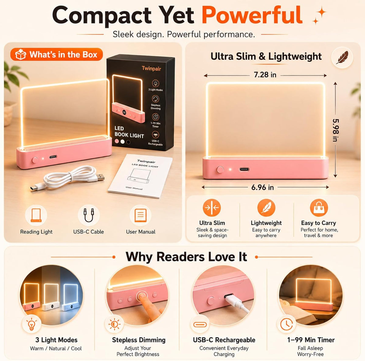 Full Page Book Light for Reading, Flat Rechargeable Light, Pink