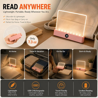 Full Page Book Light for Reading, Flat Rechargeable Light, Pink