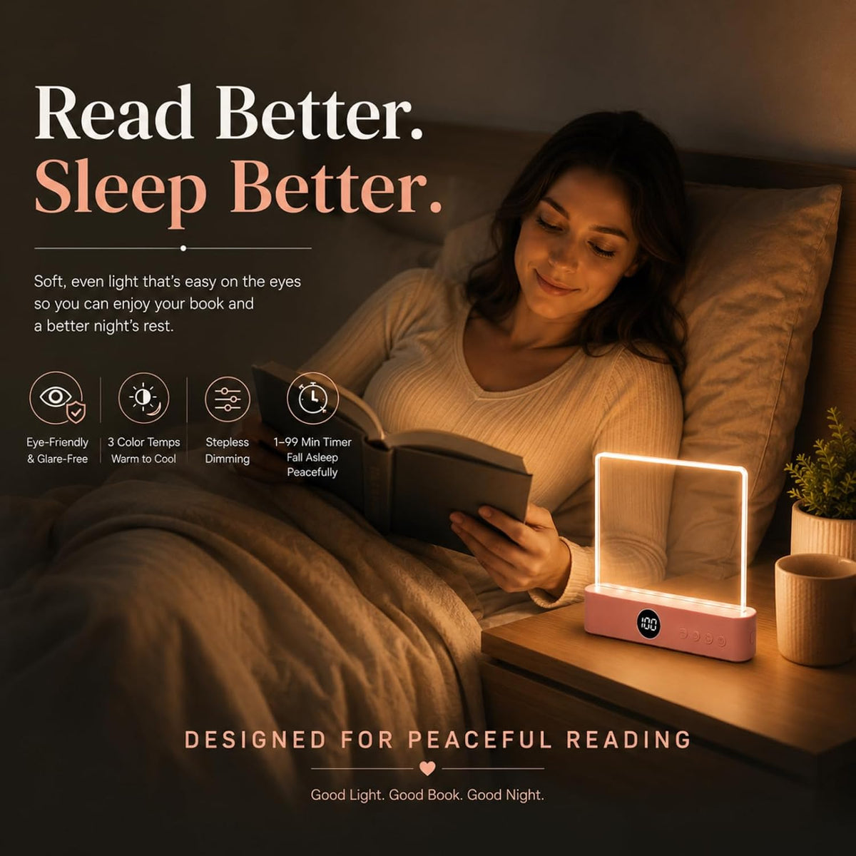 Full Page Book Light for Reading, Flat Rechargeable Light, Pink