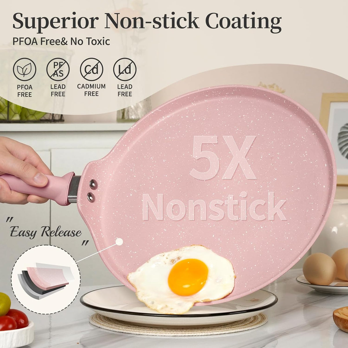10 Inch Nonstick Crepe Pan,Granite Coated Pancake Pan-Pink