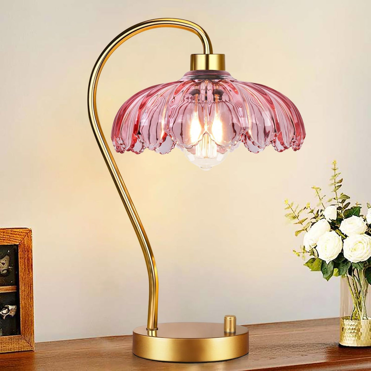 ILLMTW Flower Table Lamp for Bedroom Living Room,Pink Small Bedside Lamps Dimmable Boho Gold Bedroom Lamp with Glass Lamp Shade,Vintage Mid Century Modern Mini Nightstand Lamp