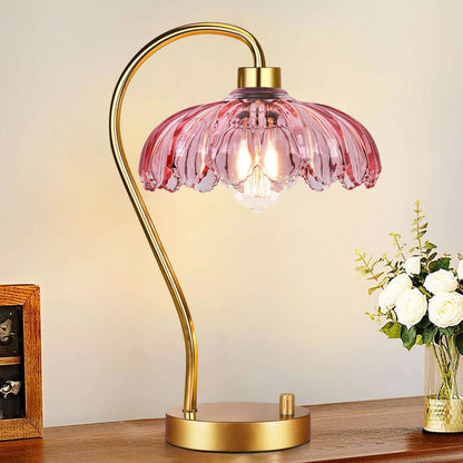 ILLMTW Flower Table Lamp for Bedroom Living Room,Pink Small Bedside Lamps Dimmable Boho Gold Bedroom Lamp with Glass Lamp Shade,Vintage Mid Century Modern Mini Nightstand Lamp