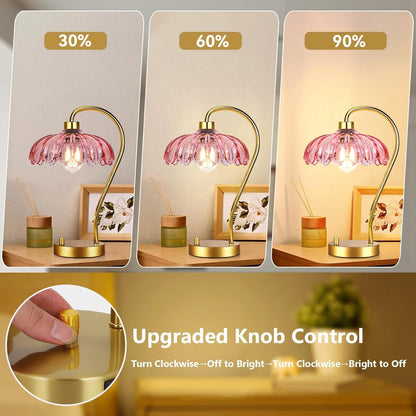 ILLMTW Flower Table Lamp for Bedroom Living Room,Pink Small Bedside Lamps Dimmable Boho Gold Bedroom Lamp with Glass Lamp Shade,Vintage Mid Century Modern Mini Nightstand Lamp