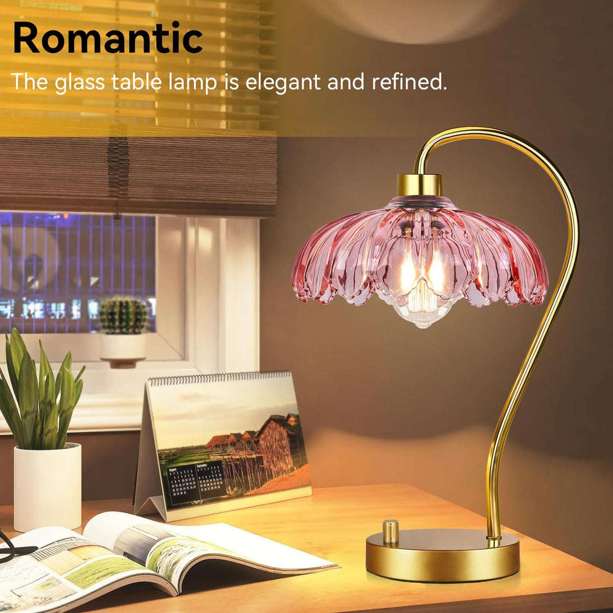 ILLMTW Flower Table Lamp for Bedroom Living Room,Pink Small Bedside Lamps Dimmable Boho Gold Bedroom Lamp with Glass Lamp Shade,Vintage Mid Century Modern Mini Nightstand Lamp