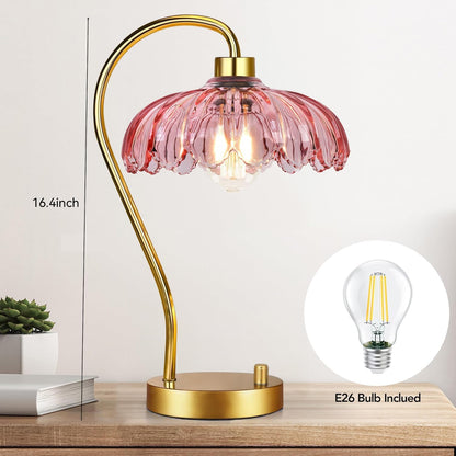 ILLMTW Flower Table Lamp for Bedroom Living Room,Pink Small Bedside Lamps Dimmable Boho Gold Bedroom Lamp with Glass Lamp Shade,Vintage Mid Century Modern Mini Nightstand Lamp