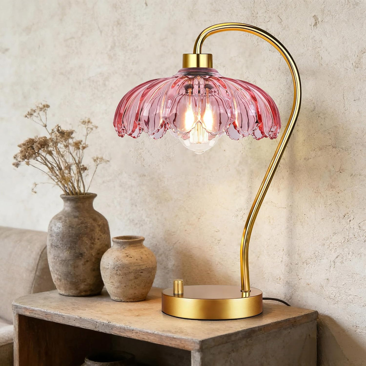 ILLMTW Flower Table Lamp for Bedroom Living Room,Pink Small Bedside Lamps Dimmable Boho Gold Bedroom Lamp with Glass Lamp Shade,Vintage Mid Century Modern Mini Nightstand Lamp