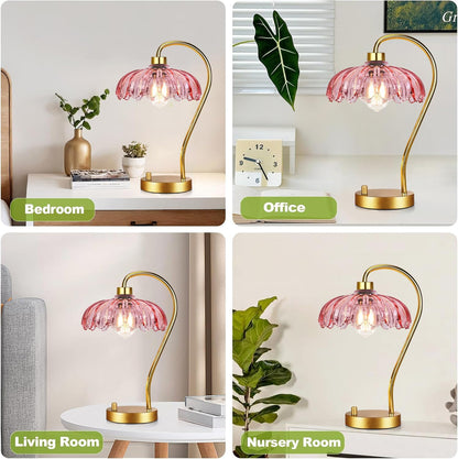 ILLMTW Flower Table Lamp for Bedroom Living Room,Pink Small Bedside Lamps Dimmable Boho Gold Bedroom Lamp with Glass Lamp Shade,Vintage Mid Century Modern Mini Nightstand Lamp