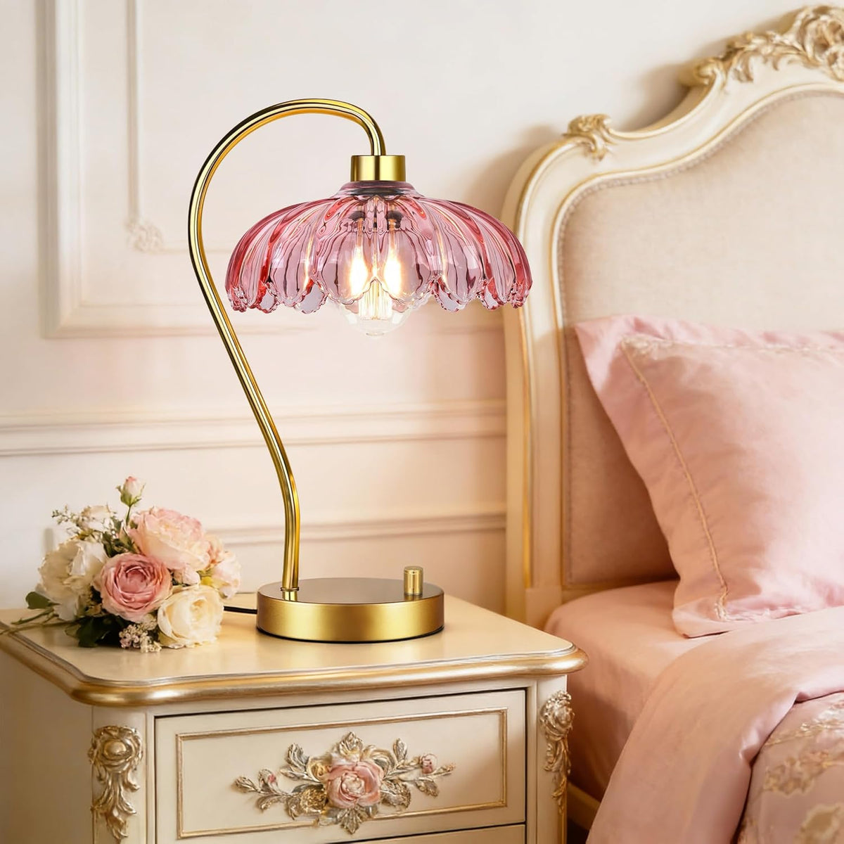 ILLMTW Flower Table Lamp for Bedroom Living Room,Pink Small Bedside Lamps Dimmable Boho Gold Bedroom Lamp with Glass Lamp Shade,Vintage Mid Century Modern Mini Nightstand Lamp