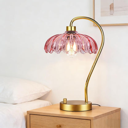ILLMTW Flower Table Lamp for Bedroom Living Room,Pink Small Bedside Lamps Dimmable Boho Gold Bedroom Lamp with Glass Lamp Shade,Vintage Mid Century Modern Mini Nightstand Lamp