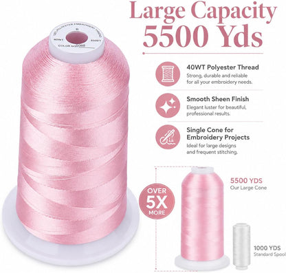 5500Yds/5000M 40WT Polyester Embroidery Thread Peachy Pink S088 | High-yardage 5000M spool offers smooth feeding and stable 40WT polyester thread for home and commercial embroidery machines.