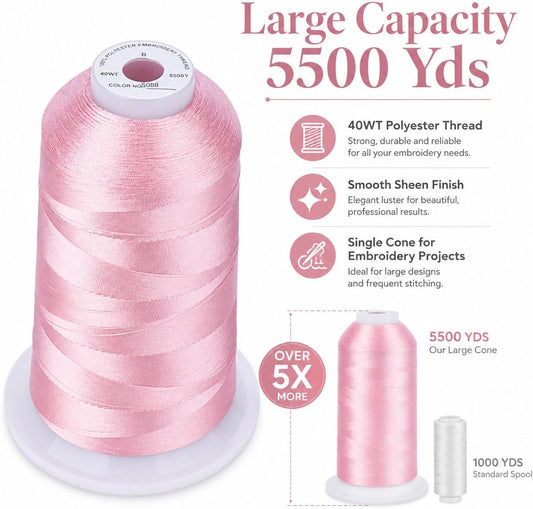 5500Yds/5000M 40WT Polyester Embroidery Thread Peachy Pink S088 | High-yardage 5000M spool offers smooth feeding and stable 40WT polyester thread for home and commercial embroidery machines.