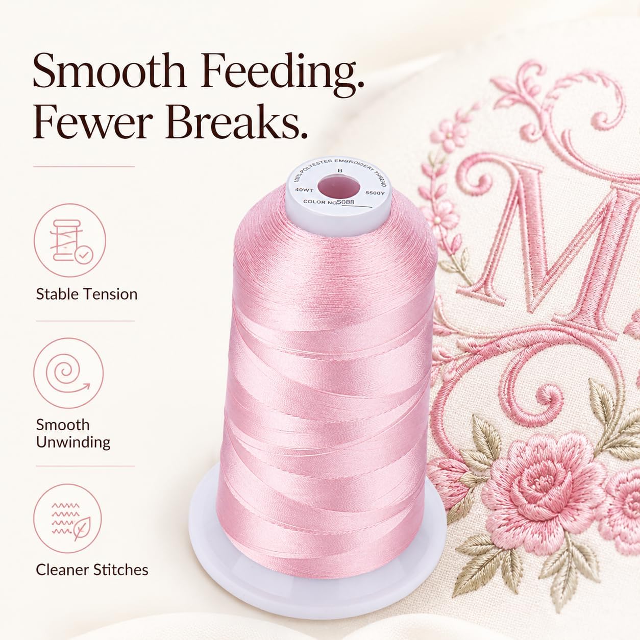 5500Yds/5000M 40WT Polyester Embroidery Thread Peachy Pink S088 | High-yardage 5000M spool offers smooth feeding and stable 40WT polyester thread for home and commercial embroidery machines.