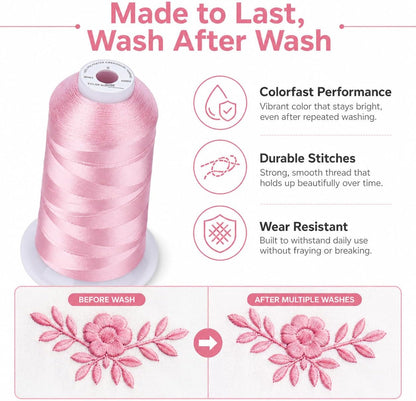 5500Yds/5000M 40WT Polyester Embroidery Thread Peachy Pink S088 | High-yardage 5000M spool offers smooth feeding and stable 40WT polyester thread for home and commercial embroidery machines.