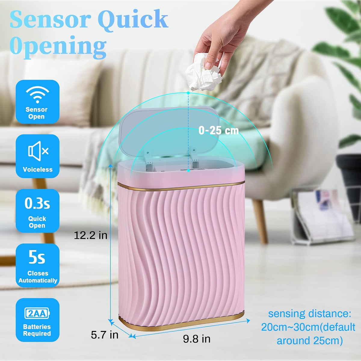 Bathroom Small Trash Can with Automatic Touchless Lid, 2.6 Gallon Smart Garbage Can Narrow Waterproof Trash Bin for Bedroom, Office, Living Room