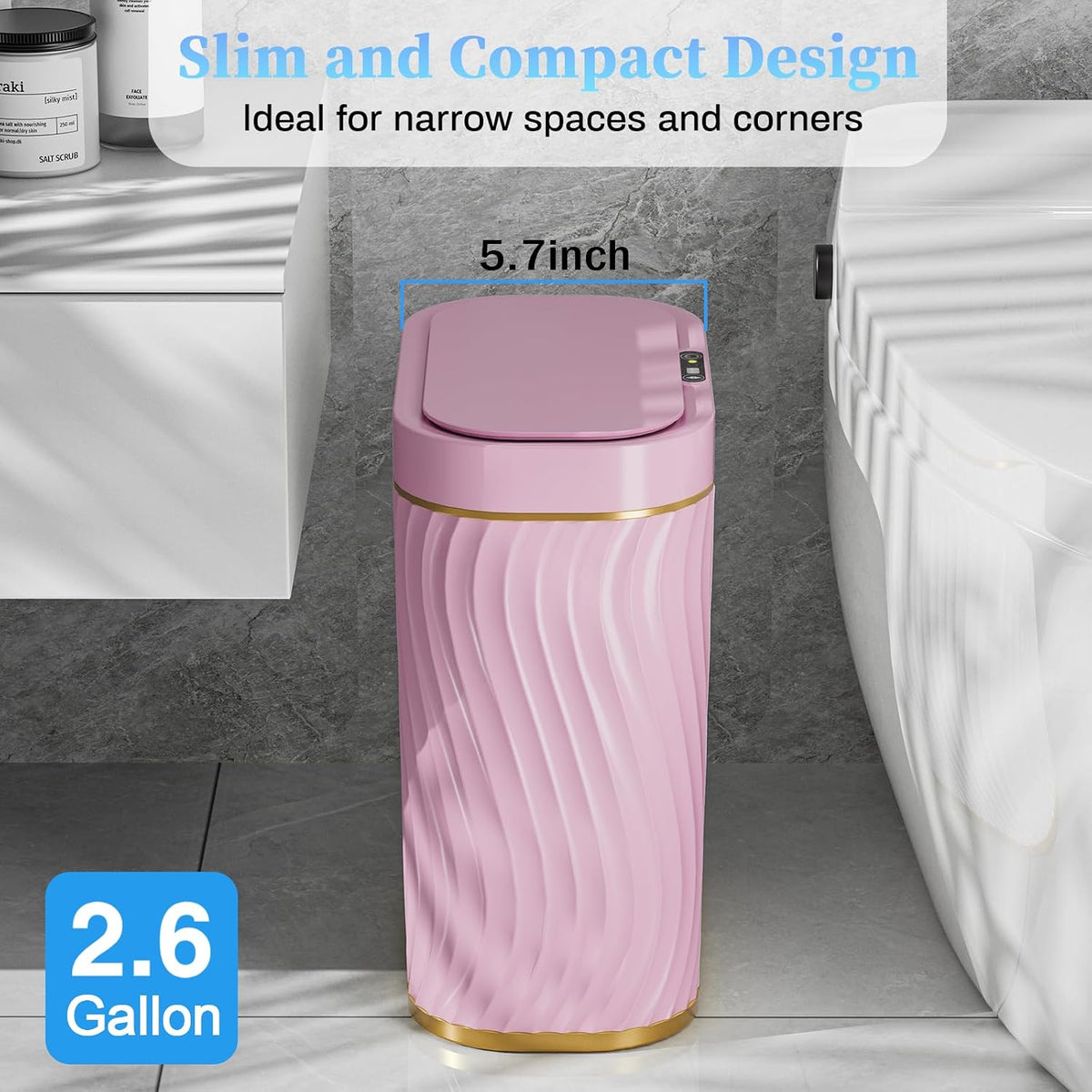 Bathroom Small Trash Can with Automatic Touchless Lid, 2.6 Gallon Smart Garbage Can Narrow Waterproof Trash Bin for Bedroom, Office, Living Room