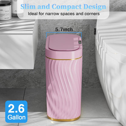 Bathroom Small Trash Can with Automatic Touchless Lid, 2.6 Gallon Smart Garbage Can Narrow Waterproof Trash Bin for Bedroom, Office, Living Room