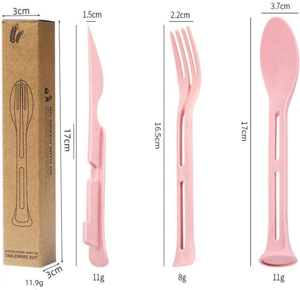 3PCS Wheat Straw Cutlery, Reusable Utensils Set Portable Travel 3 in 1 Spoon Fork Knife Tableware, Eco-Friendly, BPA Free, Flatware for Kids Adults, Travel Picnic Camping (Pink)