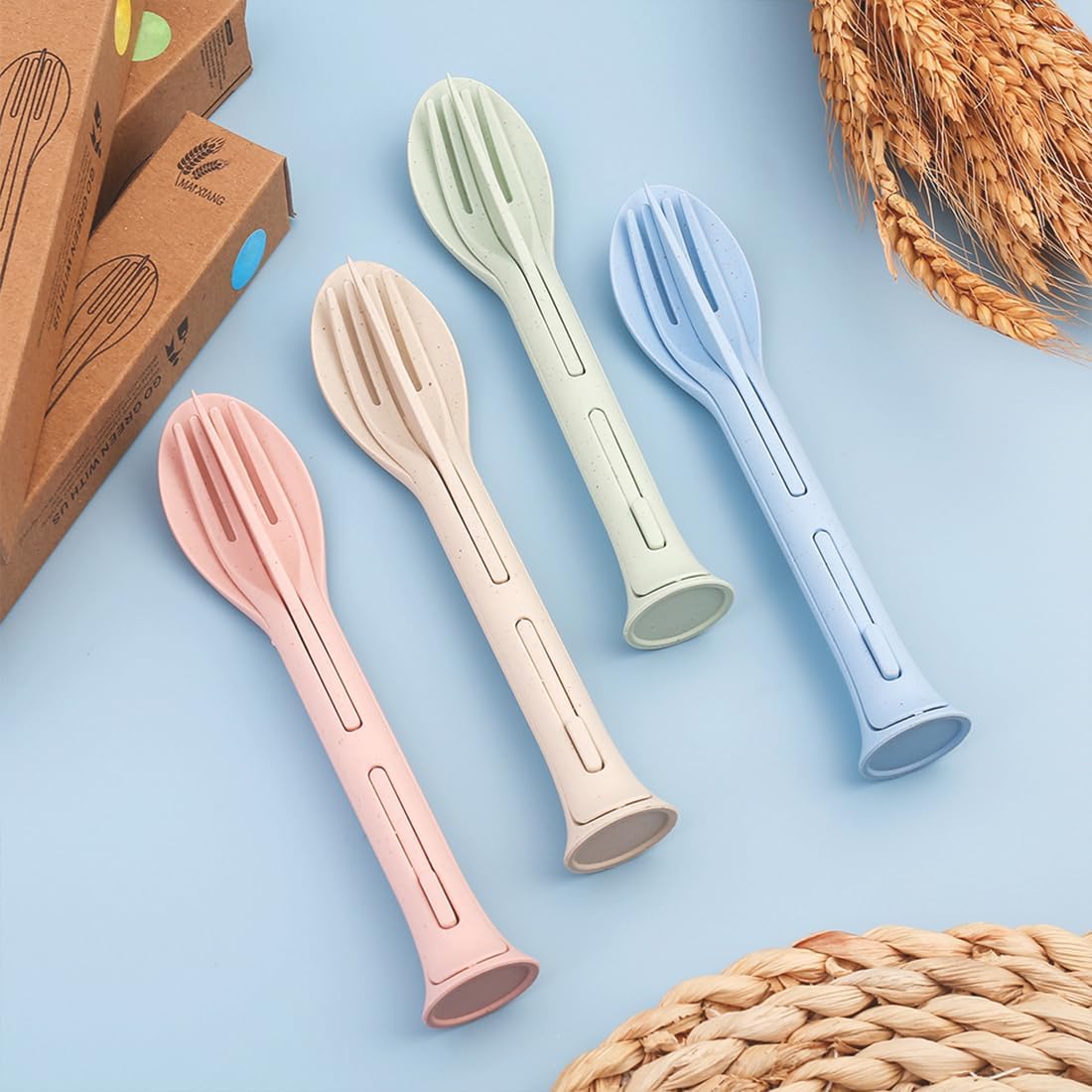 3PCS Wheat Straw Cutlery, Reusable Utensils Set Portable Travel 3 in 1 Spoon Fork Knife Tableware, Eco-Friendly, BPA Free, Flatware for Kids Adults, Travel Picnic Camping (Pink)