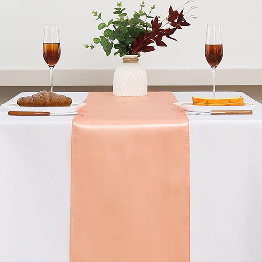 Satin Peach Table Runners 10 Pack for Wedding Parties - 12 x 108 inches Long, Ribbon Table Runners Birthday Banquet Hotel Restaurant Decorations (Peach, 10 Pieces)