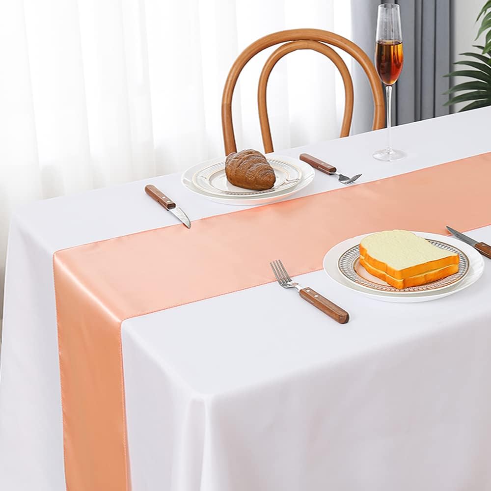 Satin Peach Table Runners 10 Pack for Wedding Parties - 12 x 108 inches Long, Ribbon Table Runners Birthday Banquet Hotel Restaurant Decorations (Peach, 10 Pieces)