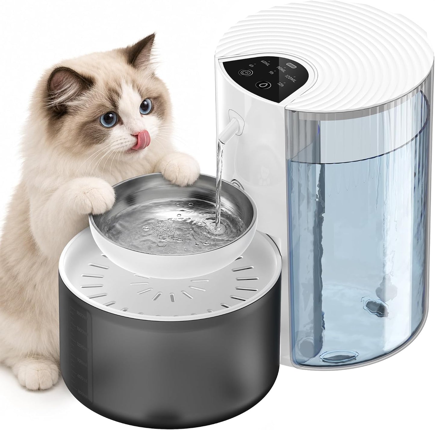 CZPET Wireless Cat Water Fountain No Filters, Wastewater Separation, Stainless Steel Bowl, Rechargeable, Ultra Quiet, Automatic 3L Pet Water Fountain for Cats & Small Dogs