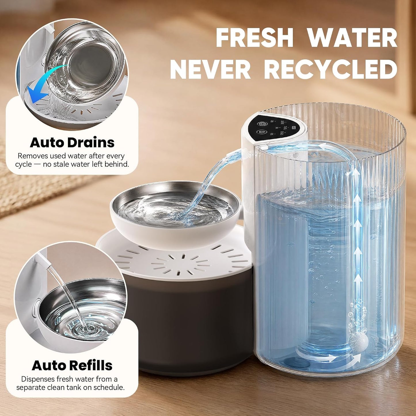 CZPET Wireless Cat Water Fountain No Filters, Wastewater Separation, Stainless Steel Bowl, Rechargeable, Ultra Quiet, Automatic 3L Pet Water Fountain for Cats & Small Dogs