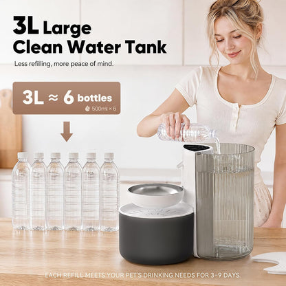 CZPET Wireless Cat Water Fountain No Filters, Wastewater Separation, Stainless Steel Bowl, Rechargeable, Ultra Quiet, Automatic 3L Pet Water Fountain for Cats & Small Dogs