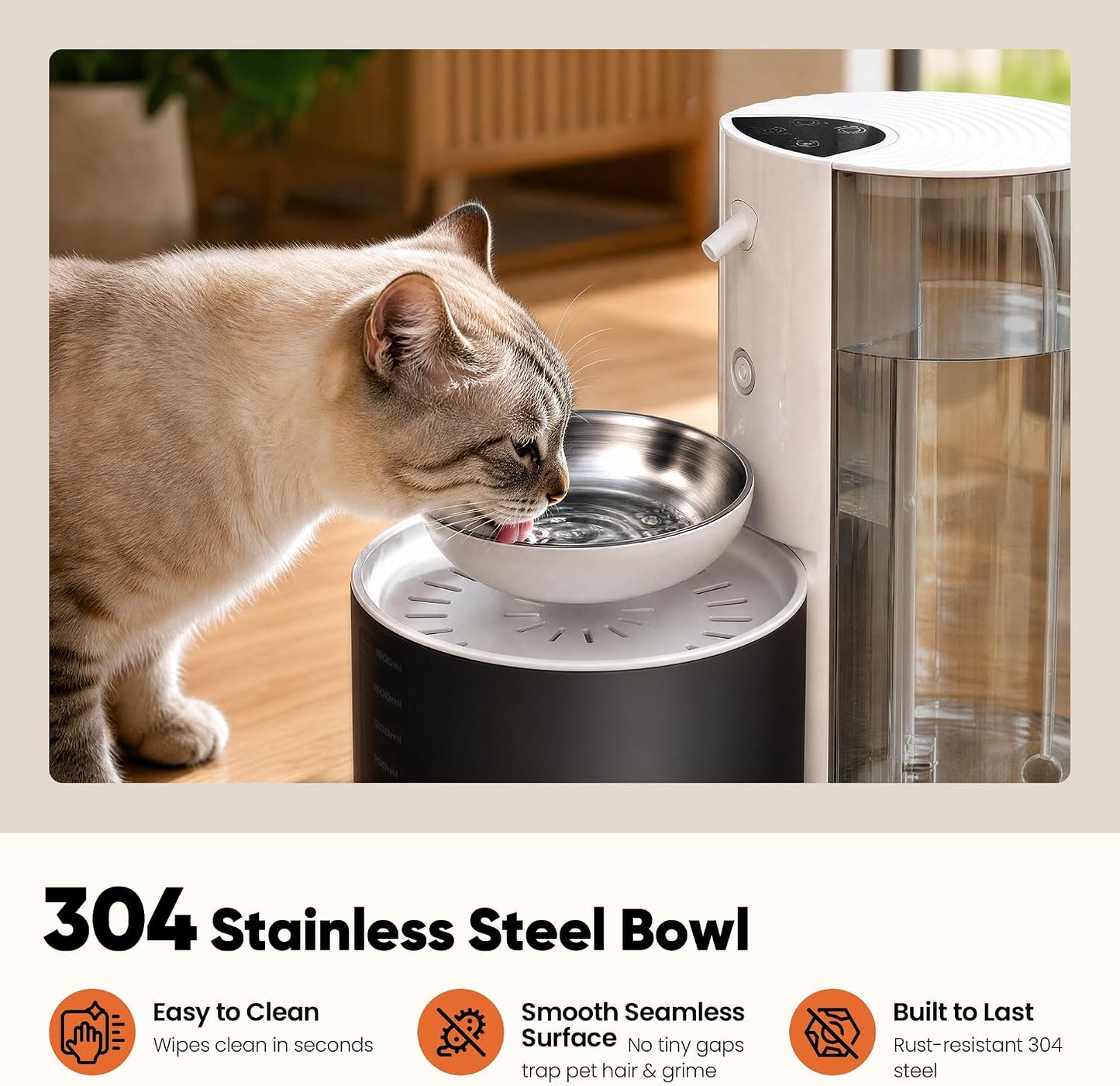 CZPET Wireless Cat Water Fountain No Filters, Wastewater Separation, Stainless Steel Bowl, Rechargeable, Ultra Quiet, Automatic 3L Pet Water Fountain for Cats & Small Dogs