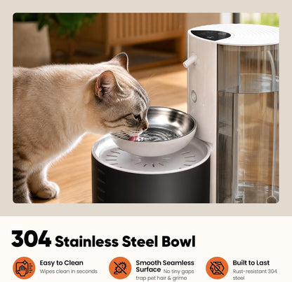 CZPET Wireless Cat Water Fountain No Filters, Wastewater Separation, Stainless Steel Bowl, Rechargeable, Ultra Quiet, Automatic 3L Pet Water Fountain for Cats & Small Dogs