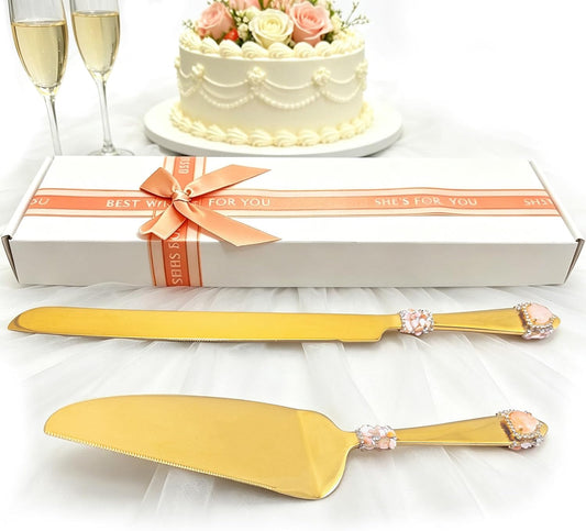 Gold Wedding Cake Knife & Server Set, Pink Crystal Heart Handle