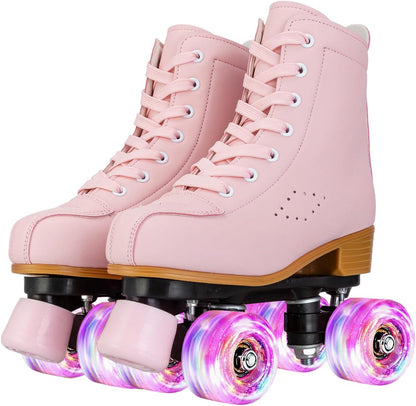 Womens Roller Skates Light Up Wheels, Artificial Leather Adjustable Double Row 4 Wheels Roller Skates Shiny Skates for Teens,Adult