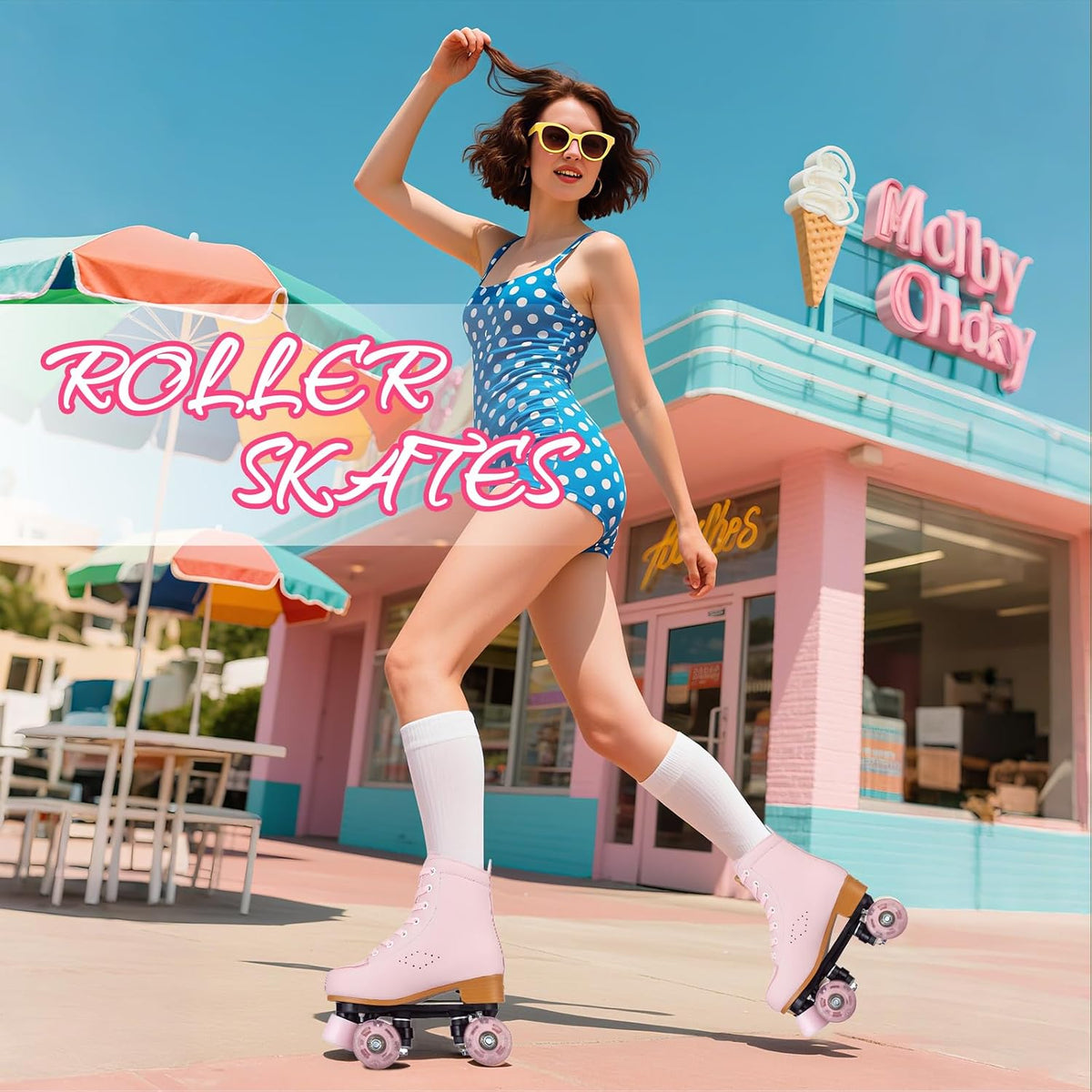 Womens Roller Skates Light Up Wheels, Artificial Leather Adjustable Double Row 4 Wheels Roller Skates Shiny Skates for Teens,Adult