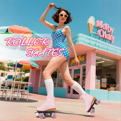 Womens Roller Skates Light Up Wheels, Artificial Leather Adjustable Double Row 4 Wheels Roller Skates Shiny Skates for Teens,Adult