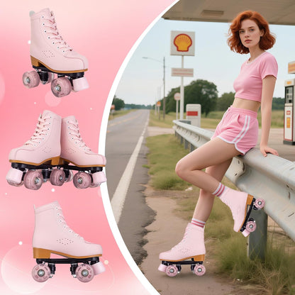 Womens Roller Skates Light Up Wheels, Artificial Leather Adjustable Double Row 4 Wheels Roller Skates Shiny Skates for Teens,Adult