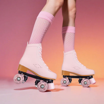 Womens Roller Skates Light Up Wheels, Artificial Leather Adjustable Double Row 4 Wheels Roller Skates Shiny Skates for Teens,Adult